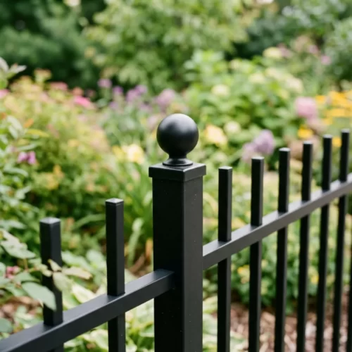 Poste de valla de metal negro con remate decorativo en forma de bola junto a un jardín florido