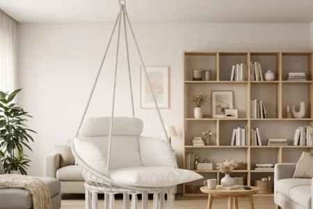 Silla hamaca blanca colgada en un salón acogedor, guía paso a paso para co
