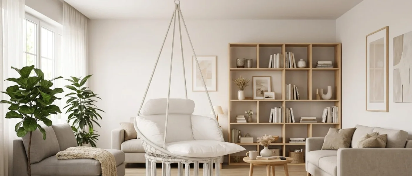 Silla hamaca blanca colgada en un salón acogedor, guía paso a paso para co
