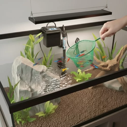 Soltando peces de colores en el acuario con una red