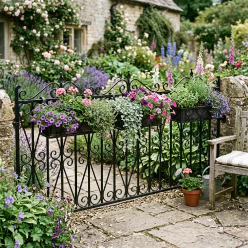Valla de hierro forjado negro con jardineras colgantes llenas de petunias y flores de colores