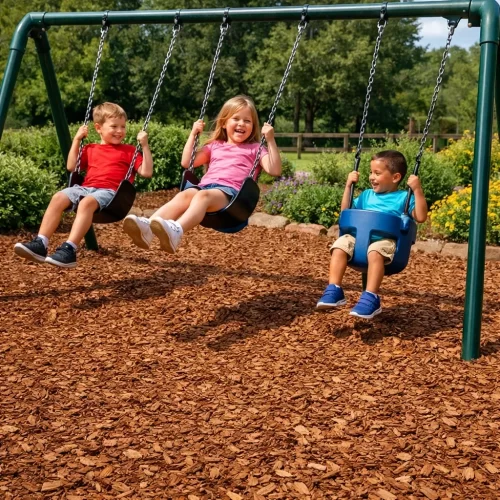 Astillas de madera debajo de unos columpios de un parque donde dos niños se están columpiando.