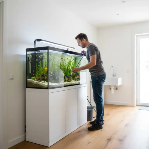 Accesibilidad para un mantenimiento fácil - hombre limpiando un acuario con un sifón limpiagravas
