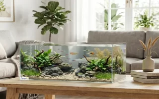 Acuario PawHut con rocas, madera y peces sobre mesa de centro 1400