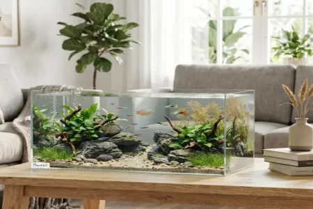 Acuario PawHut con rocas, madera y peces sobre mesa de centro 1400