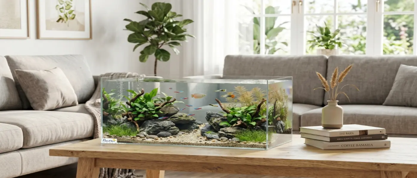 Acuario PawHut con rocas, madera y peces sobre mesa de centro 1400