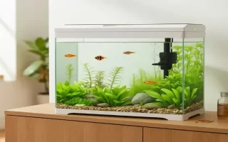 Acuario blanco con plantas vivas, rocas, filtro y peces de colores.