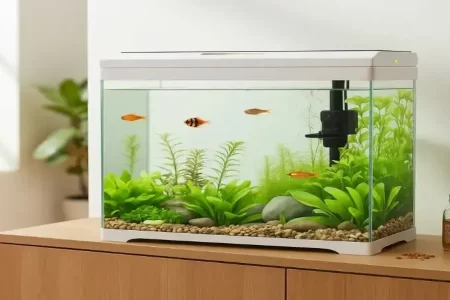Acuario blanco con plantas vivas, rocas, filtro y peces de colores.