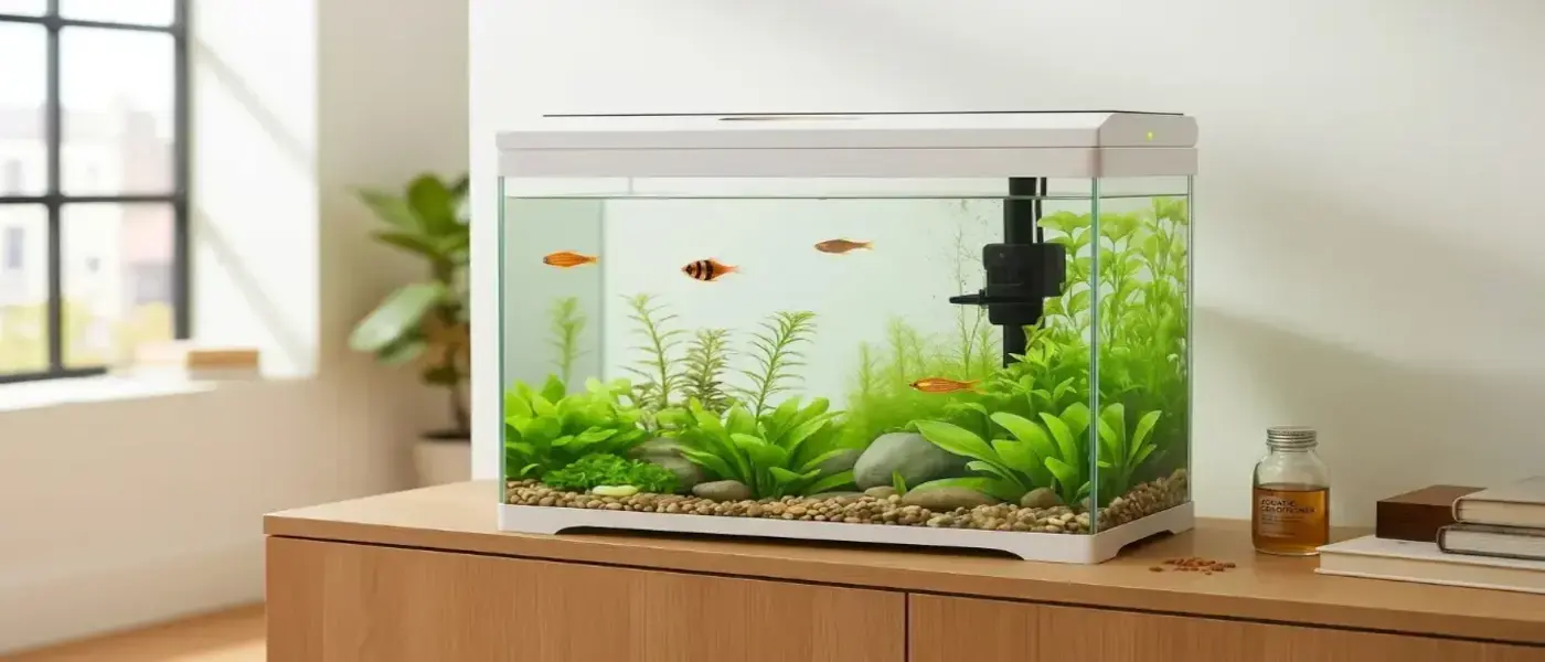 Acuario blanco con plantas vivas, rocas, filtro y peces de colores.