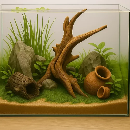 Acuario con madera, rocas, macetas de barro y plantas verdes.