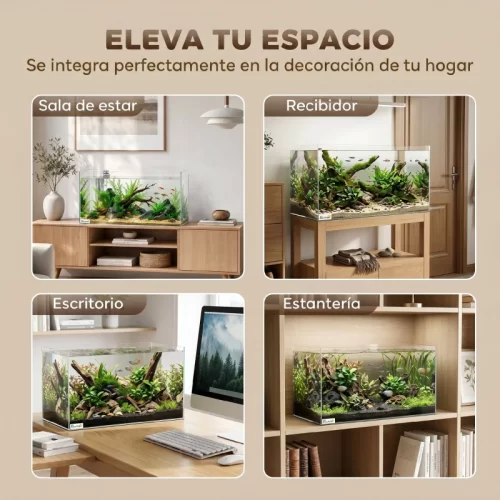 Acuario decorativo en sala, recibidor, escritorio y estantería
