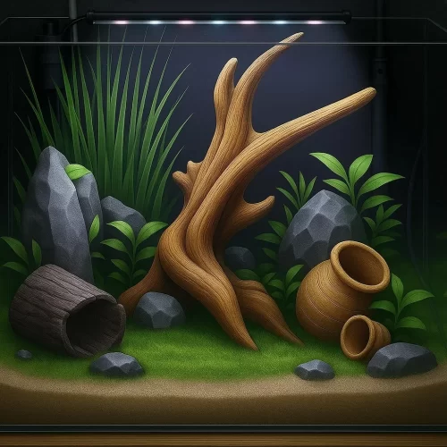 Acuario oscuro con madera, rocas, plantas y luz cenital.