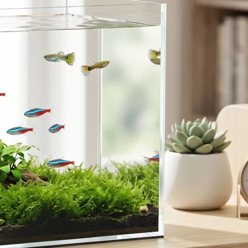 Acuario pequeño con guppys y tetras sobre escritorio de madera