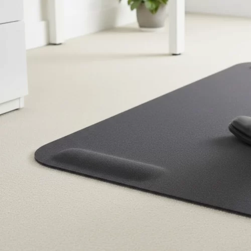Alfombrilla negra con esquinas redondeadas colocada bajo una silla de oficina ergonómica