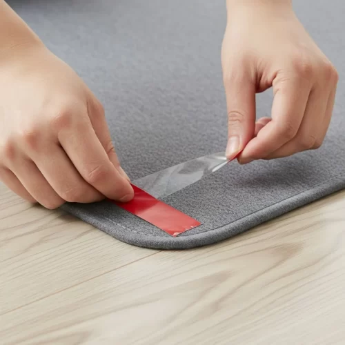 Aplicación de cinta de doble cara en la parte inferior de una alfombrilla para silla de oficina