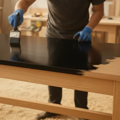 Aplicando pintura negra con brocha sobre la superficie del escritorio