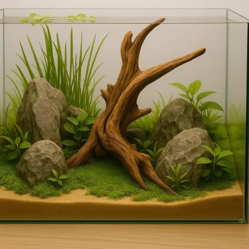 Aquascape con madera flotante, rocas y plantas acuáticas verdes.