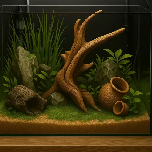 Aquascape minimalista con madera, rocas, hierba alta y macetas de barro.