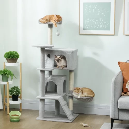 Árbol Rascador Con Escalera 140 Cm Para 2 Gatos – Gris Claro