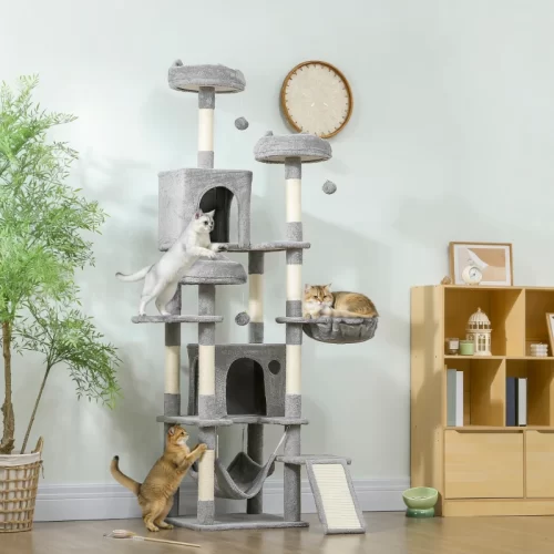 Arbol Rascador Grande Para Varios Gatos 192 Cm – Gris Y Crema
