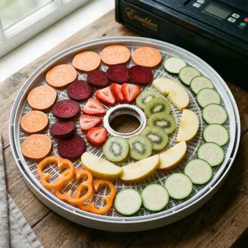Bandeja circular de deshidratador con boniato, remolacha, fresas, kiwi, manzana y calabacín colocados en una sola capa.