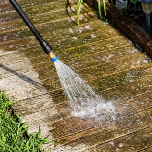 Boquilla de hidrolimpiadora aplicando detergente sobre una tarima de madera muy sucia cubier