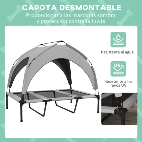 Cama elevada para perros con capota desmontable resistente al agua y los rayos UV.