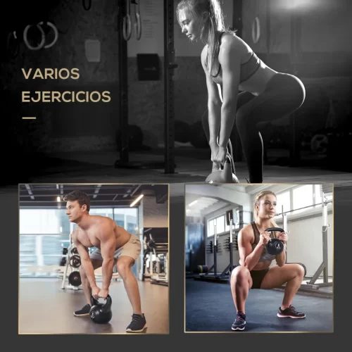Collage de personas haciendo ejercicios variados con kettlebell peso muerto, sentadillas y balanceos.