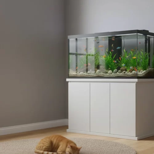 Cómo mantener a tus peces a salvo de peligros externos - gato descansando junto a un acuario sobre mueble