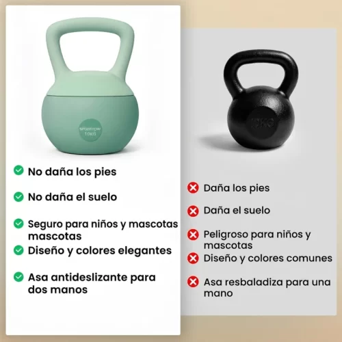 Comparación entre kettlebell verde menta segura para el hogar y una kettlebell negra tradicional de hierro.
