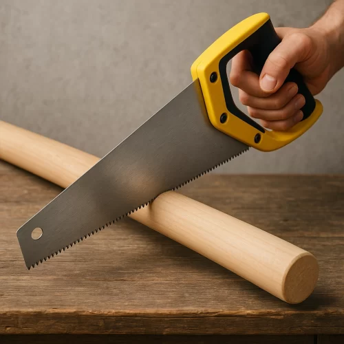 Cortando varilla de madera a medida con serrucho amarillo para silla hamaca de macramé