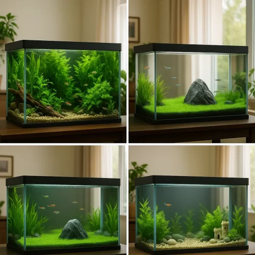 Cuatro estilos de acuario plantado, minimalista, natural y decorado.