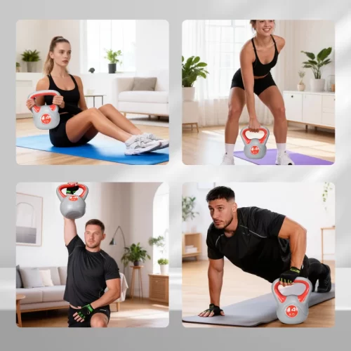 Cuatro fotos de personas entrenando en casa con kettlebell gris y roja de 14 kg en distintos ejercicios.