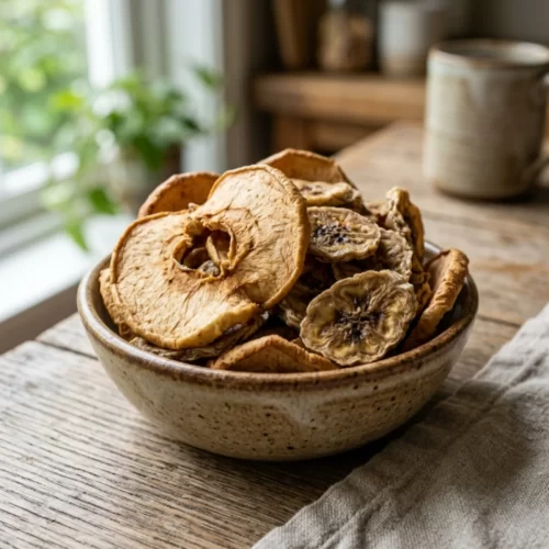 Cuenco con chips de manzana y plátano deshidratados mostrando la textura de la fruta seca.
