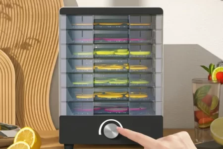 Deshidratador de alimentos con varias bandejas llenas de frutas y verduras en rodajas, con una mano ajustando el control 1400