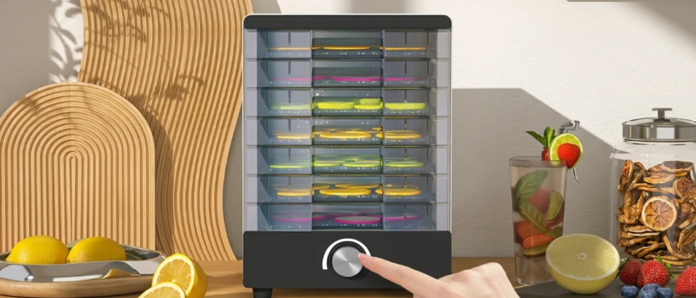 Deshidratador de alimentos con varias bandejas llenas de frutas y verduras en rodajas, con una mano ajustando el control 1400