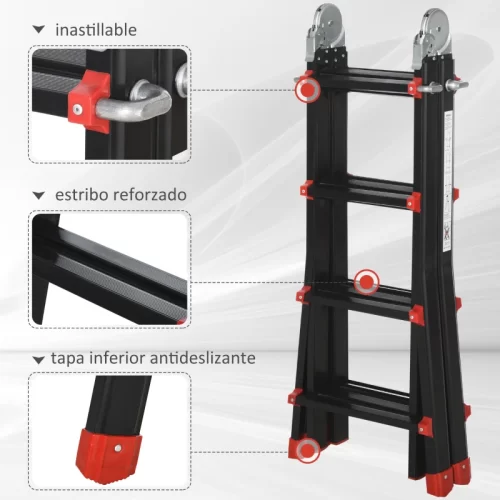 Detalle de las características de seguridad de una escalera de aluminio peldaños inastillables, estribo reforzado y tapa inferior antideslizante