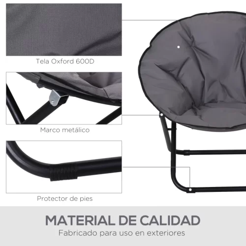 Detalle de materiales de la silla luna de camping tela Oxford 600D, marco metálico y protector de pies antideslizante
