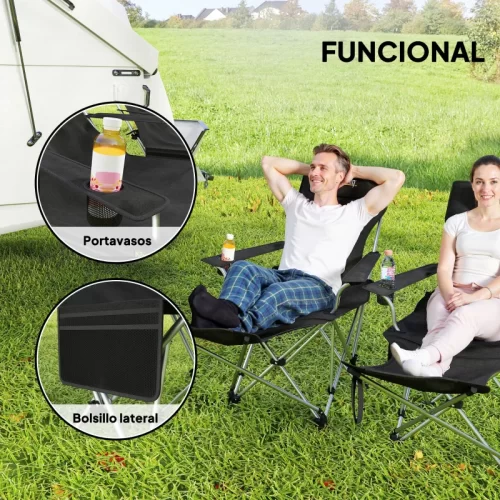 Detalle del portavasos y bolsillo lateral de una silla de camping plegable, funcional para autocaravana