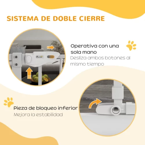 Detalle del sistema de doble cierre de una barrera para perros, operable con una sola mano.