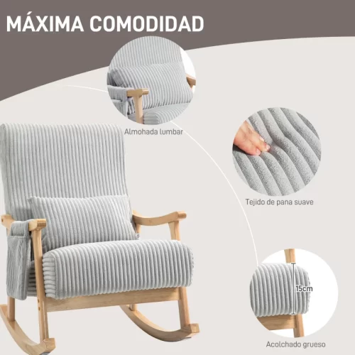 Mecedora gris de pana con cojín lumbar y asiento acolchado