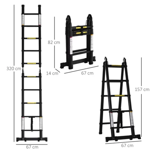 Diagrama de medidas de una escalera telescópica de aluminio 320 cm extendida, 82 cm plegada y 157 cm en modo tijera
