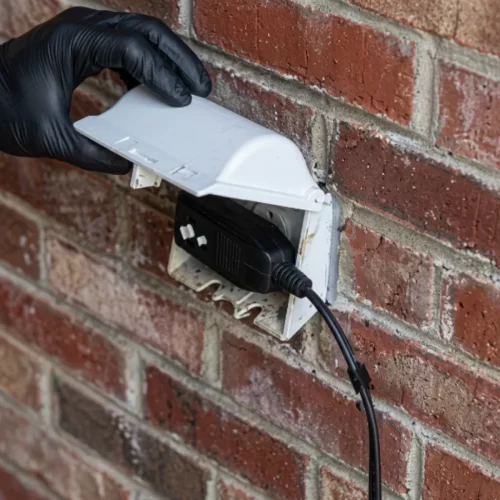 Enchufando una hidrolimpiadora eléctrica a una toma de corriente exterior protegida sobre un