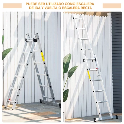 Escalera extensible de aluminio usada como escalera de tijera de ida y vuelta o como escalera recta apoyada en la pared