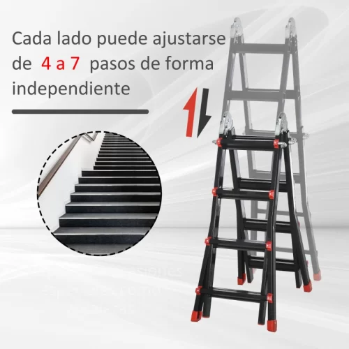 Escalera multiusos articulada con cada lado ajustable de 4 a 7 peldaños, ideal para escaleras interiores y tramos con distinta altura