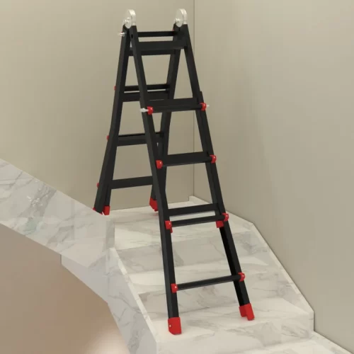 Escalera multiusos plegable colocada sobre unas escaleras de mármol gracias a sus patas ajustables de forma independiente