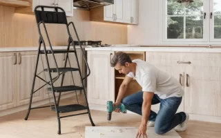 Escalera taburete con barandilla y plataforma superior usada en una cocina para trabajos de bricolaje 1400