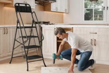 Escalera taburete con barandilla y plataforma superior usada en una cocina para trabajos de bricolaje 1400