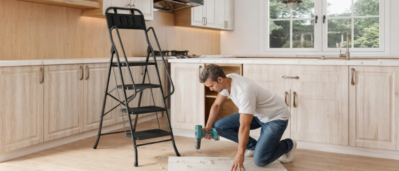 Escalera taburete con barandilla y plataforma superior usada en una cocina para trabajos de bricolaje 1400