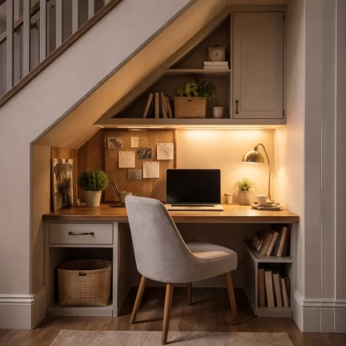 Escritorio bajo la escalera con iluminación cálida y almacenaje integrado